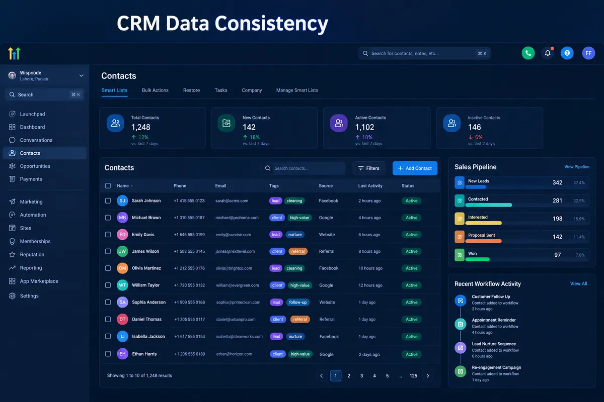 GoHighLevel CRM dashboard illustrating consistent contact records, organized sales pipelines, and workflow automation.