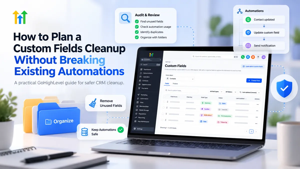 GoHighLevel custom fields cleanup guide illustrating CRM field organization, workflow dependency checks, and safe automation management.