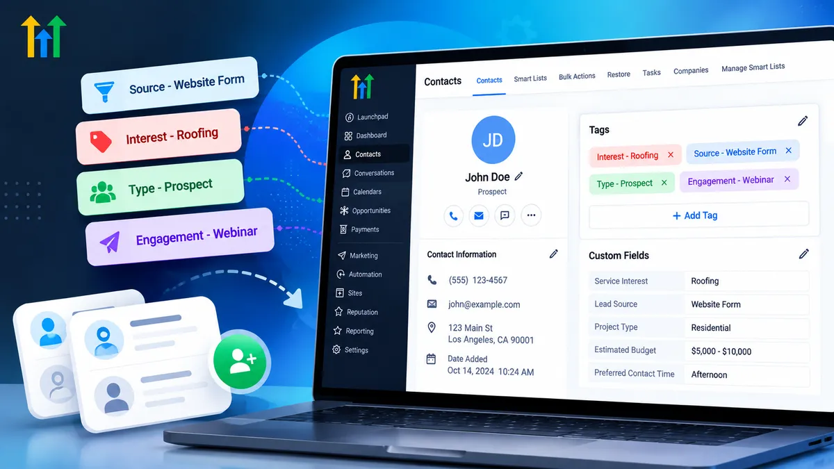 GoHighLevel contact tags dashboard showing organized lead sources, service interests, customer types, and engagement tags for better CRM management.