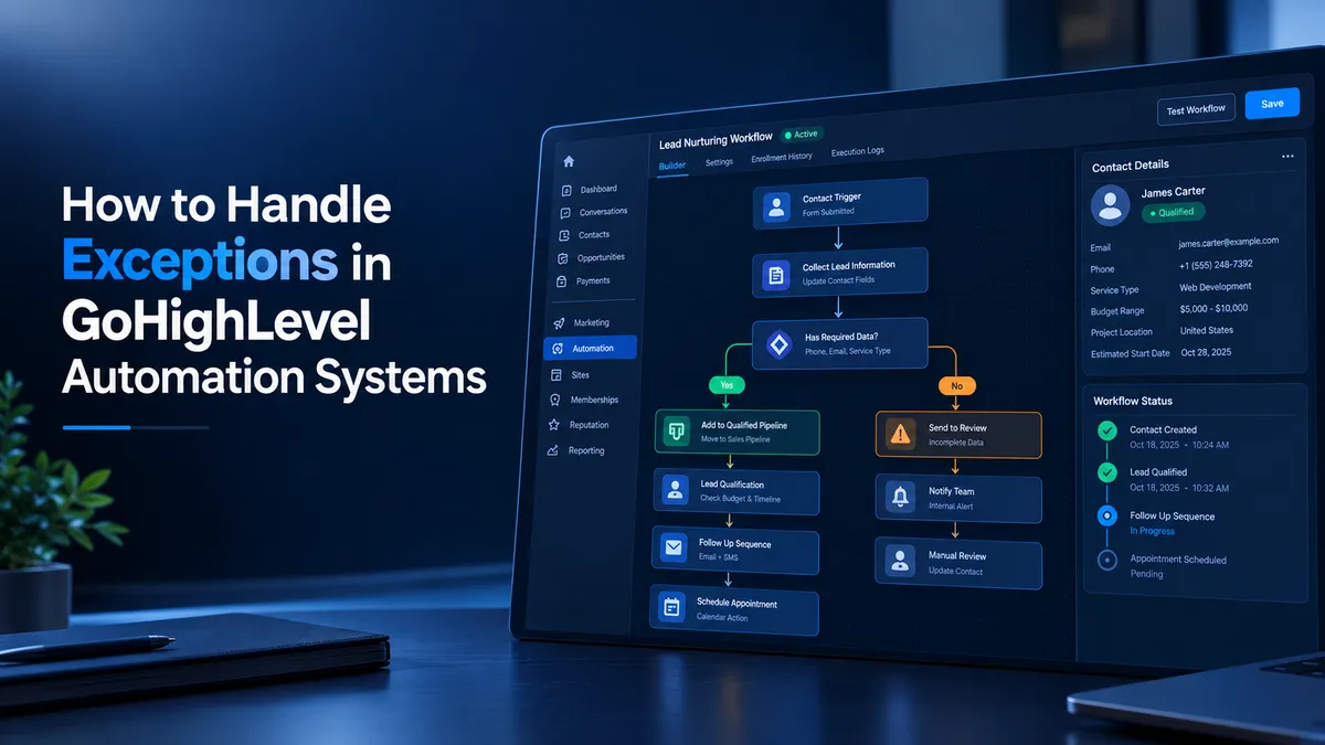 GoHighLevel automation dashboard showing workflow conditions, lead qualification paths, and execution status.
