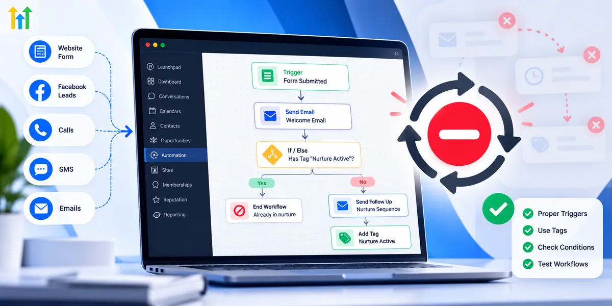 GoHighLevel automation workflow showing trigger settings, If/Else conditions, contact tags, and loop prevention techniques to stop duplicate messages and improve CRM automation.
