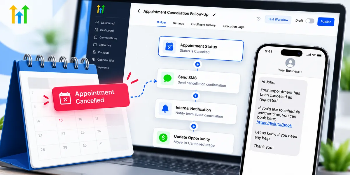 GoHighLevel appointment cancellation automation showing calendar cancellation, automated SMS confirmation, internal team notifications, and CRM opportunity updates.
