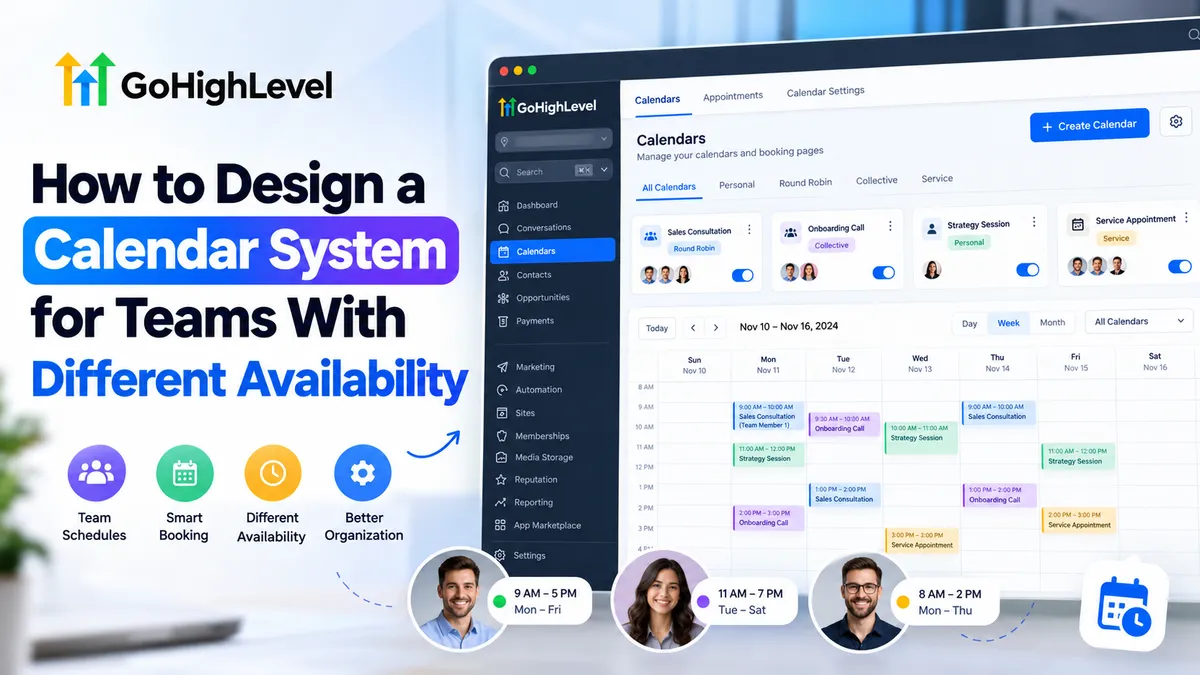 GoHighLevel calendar system for managing team schedules, working hours, and appointment availability