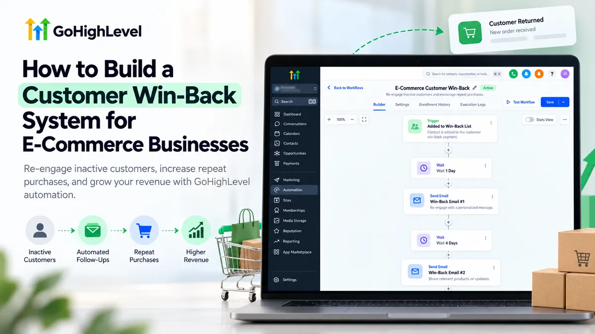 GoHighLevel customer win-back system for e-commerce businesses featuring automated workflows and customer re-engagement.