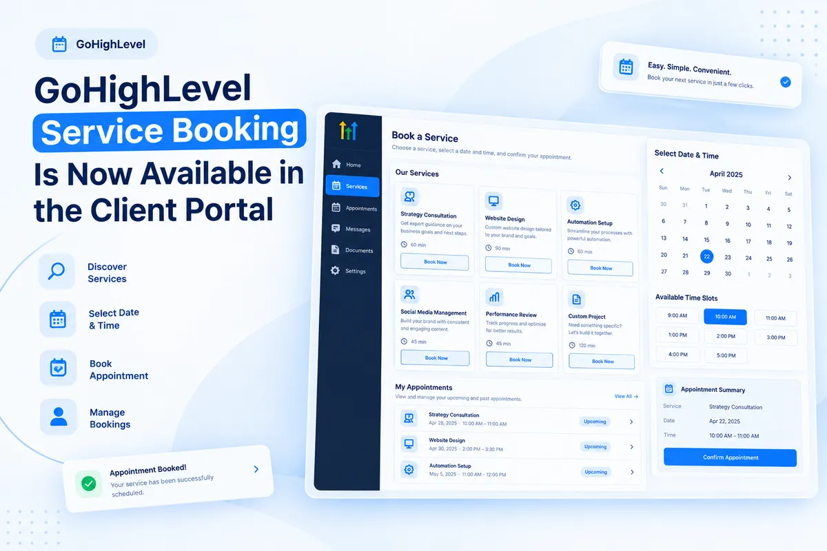 GoHighLevel Client Portal showing service booking pages, appointment scheduling, and booking management