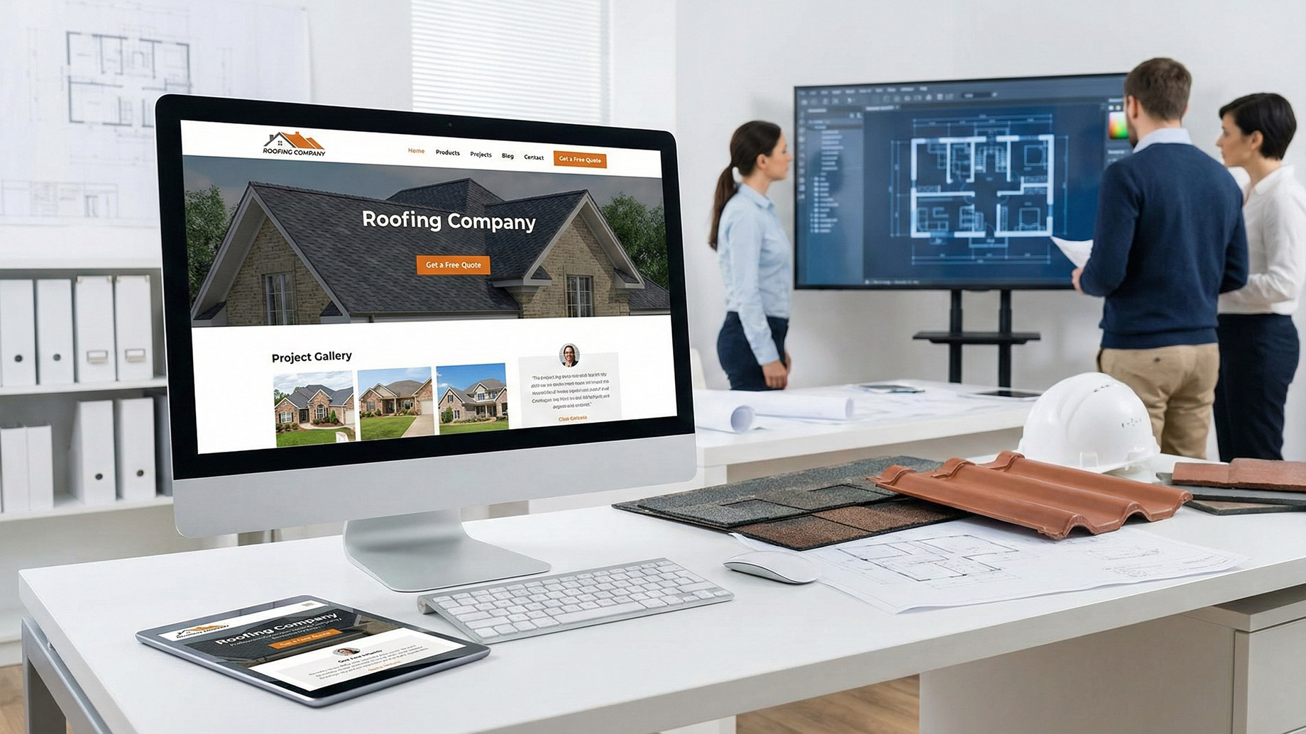 Roofing contractor using GoHighLevel CRM dashboard on laptop