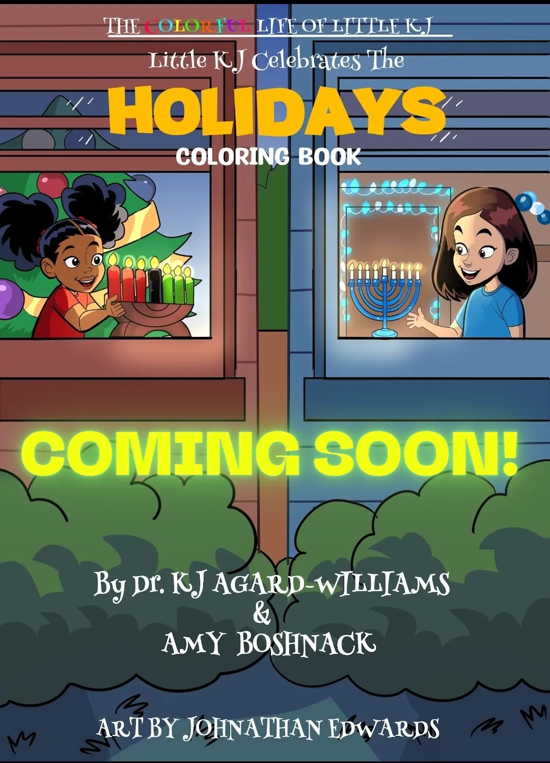 Cover of 'Little KJ Has Her FIRST SOLO COLORING BOOK' showing a young girl in a red dress on stage with a microphone.