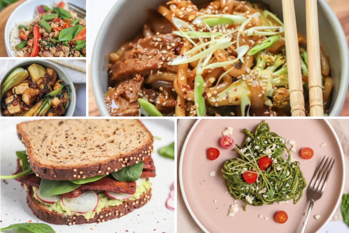 High-resolution overhead photography of healthy prepared meals with warm natural lighting