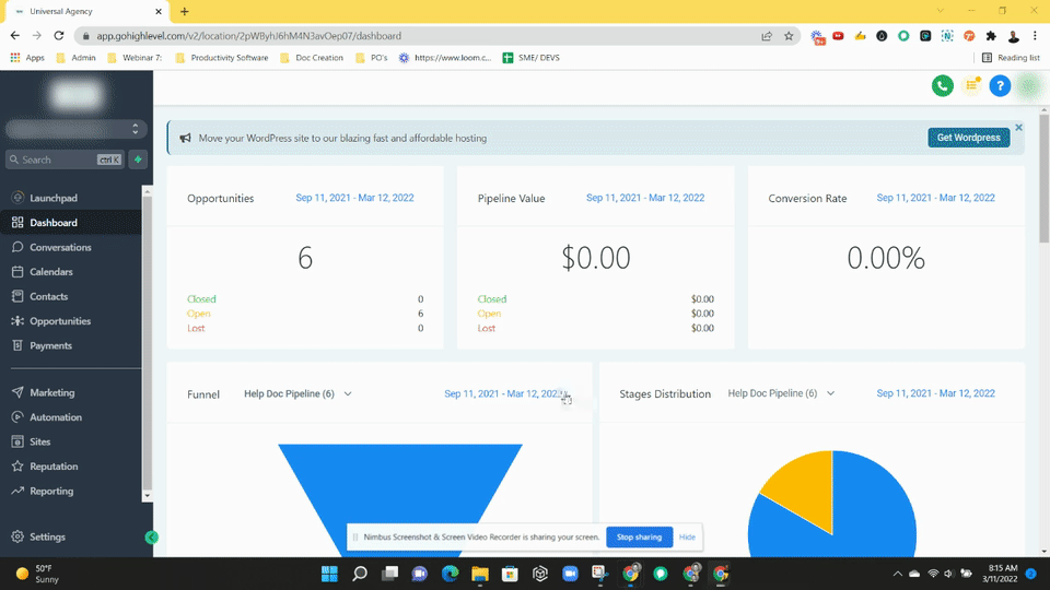 GoHighLevel dashboard overview showing CRM reporting and automation tools