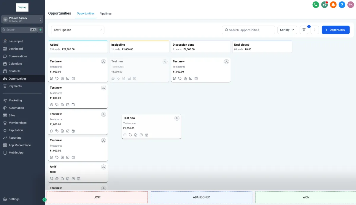GoHighLevel CRM pipeline view with opportunity stages and lead tracking