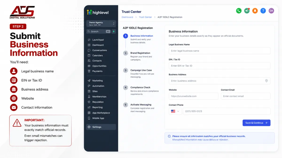 Step 2: Submit business information in GoHighLevel