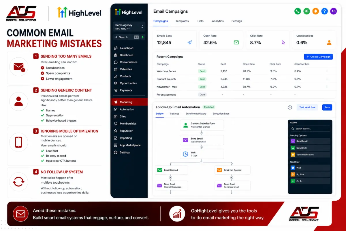 Email marketing mistakes and solutions dashboard