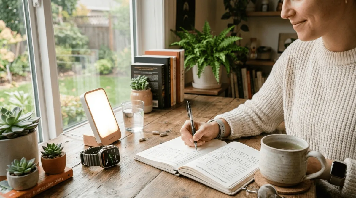 Cozy DIY biohacking at home setup with a notebook, smartwatch, tea, and sunlight lamp, representing a beginner-friendly approach to start biohacking safely and simply.
