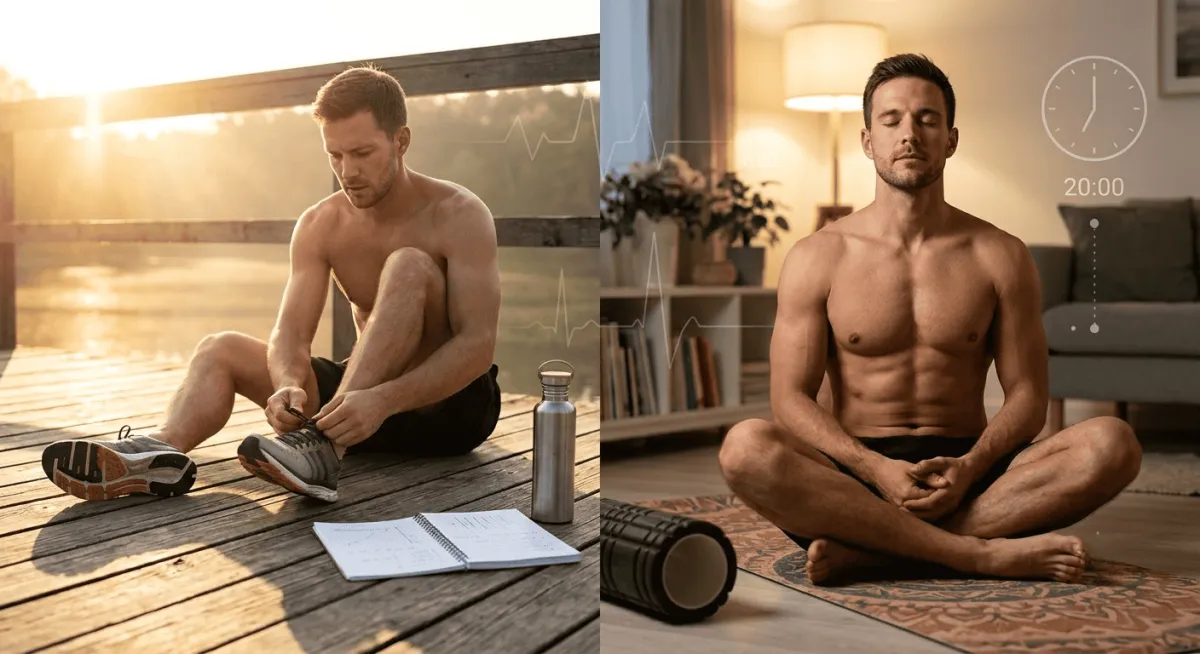 Biohacking for athletes thumbnail showing a runner at sunrise and recovering indoors in the evening, illustrating DIY performance experiments and athlete recovery hacks.