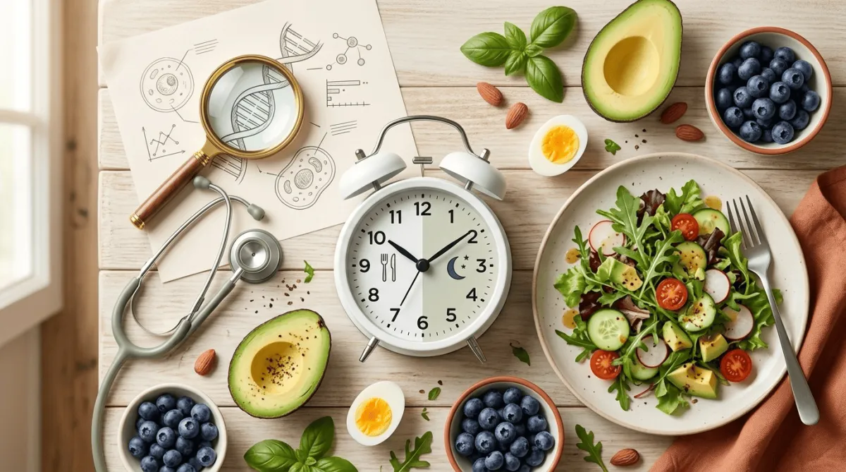 Intermittent fasting science concept – clock and healthy food representing time-restricted eating, with symbols of research and IF benefits evidence