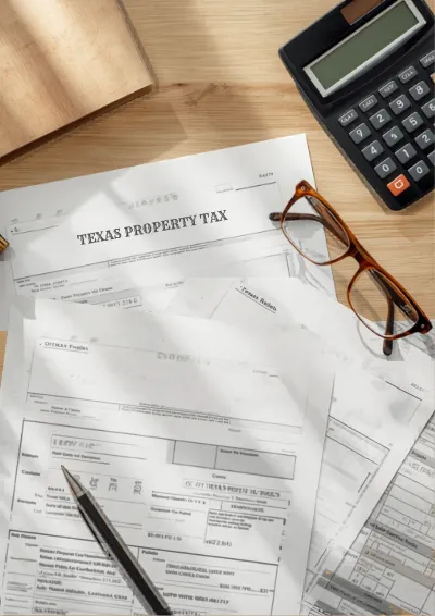 Tax documents and calculator on desk for property tax comparison Texas 2026