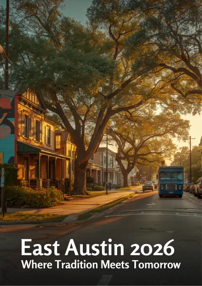 East Austin TX street scene with colorful murals, bungalows and modern infill homes 2026