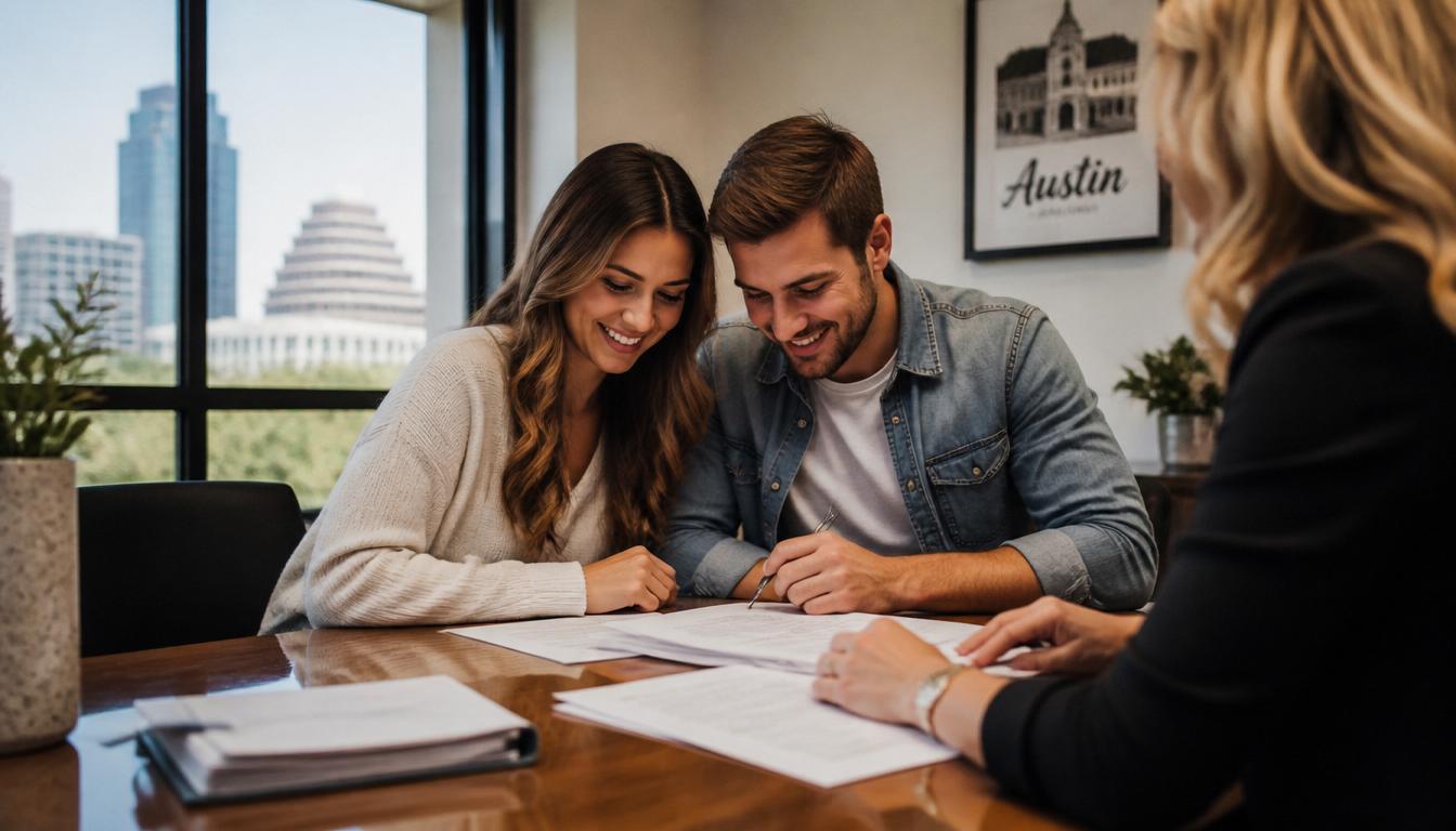 Couple reviewing closing documents at real estate closing table in Austin TX