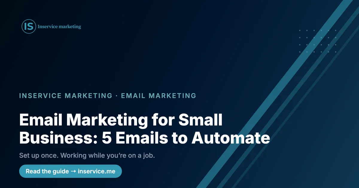 Inservice Marketing card on a navy background with the headline Email Marketing for Small Business: 5 Emails to Automate