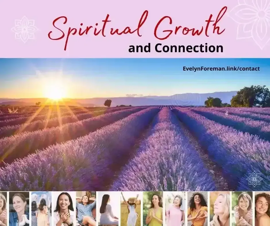 Lavender field at sunset with "Spiritual Growth and Connection" text, website link below.