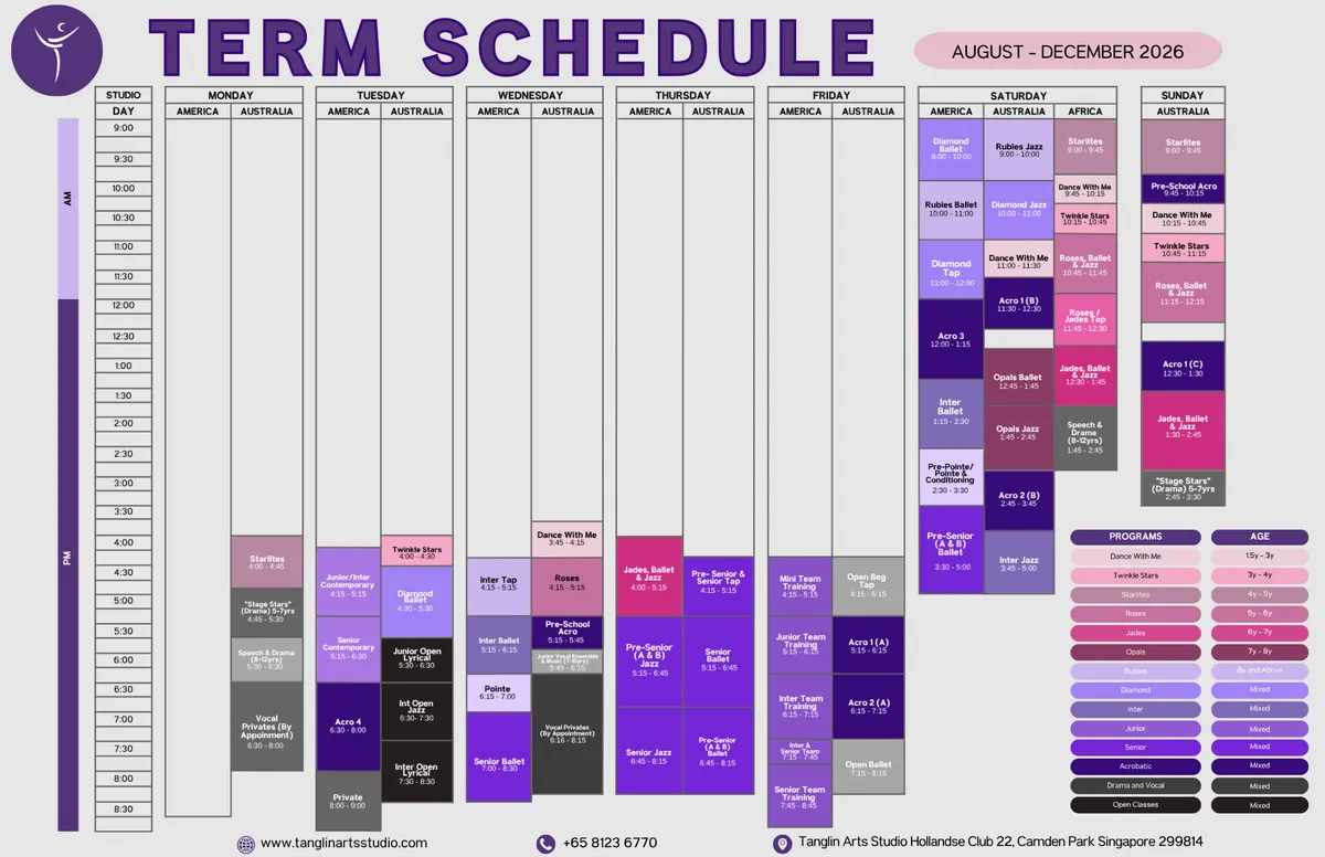 Tanglin Arts Studio Schedule for the term August  December 2026