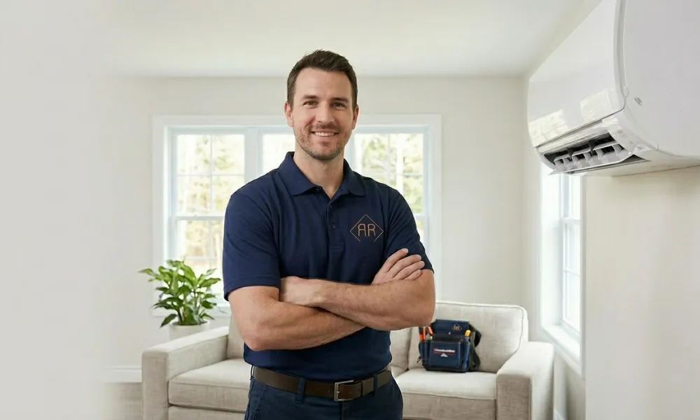Portrait of an HVAC technician with toolkit