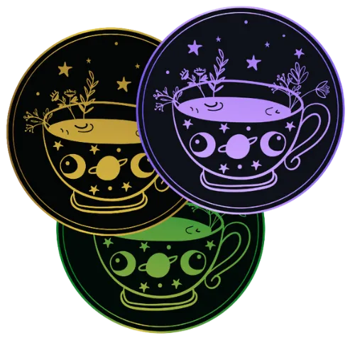 Purple, gold and green overlapping round cards