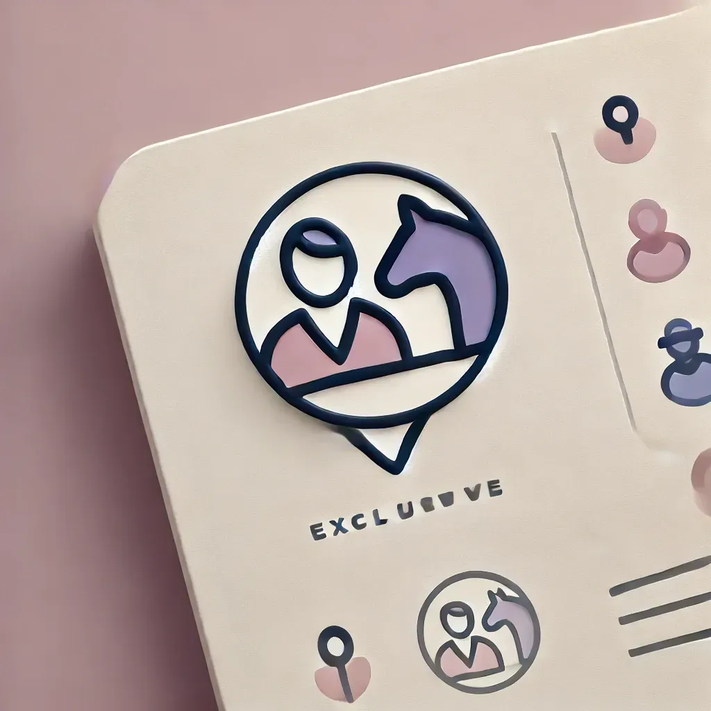 Minimalistic icon representing an exclusive one-on-one coaching session, featuring two people communicating with a horse silhouette, designed in soft tones of purple, pink, blue, and cream to convey focus and professionalism