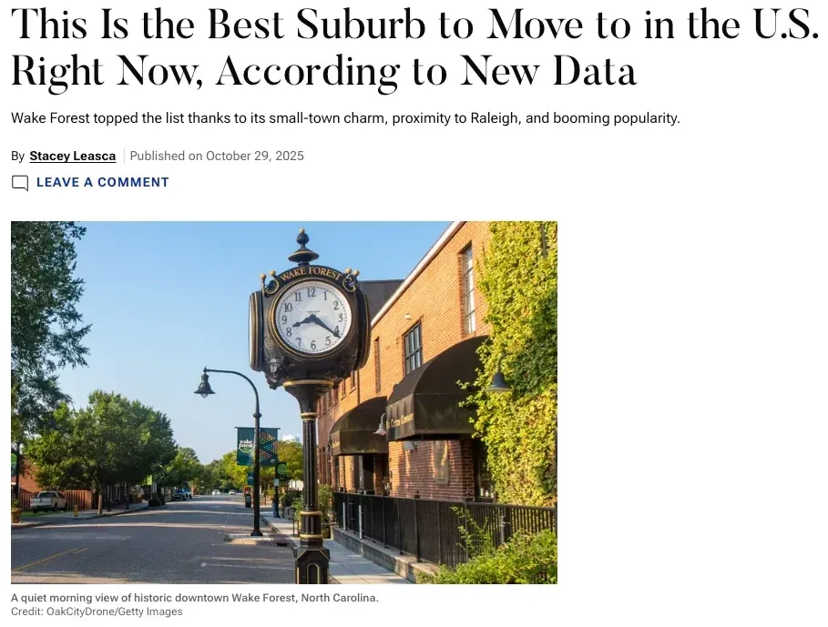 Wake Forest NC Bst Suburb to Move to in the US