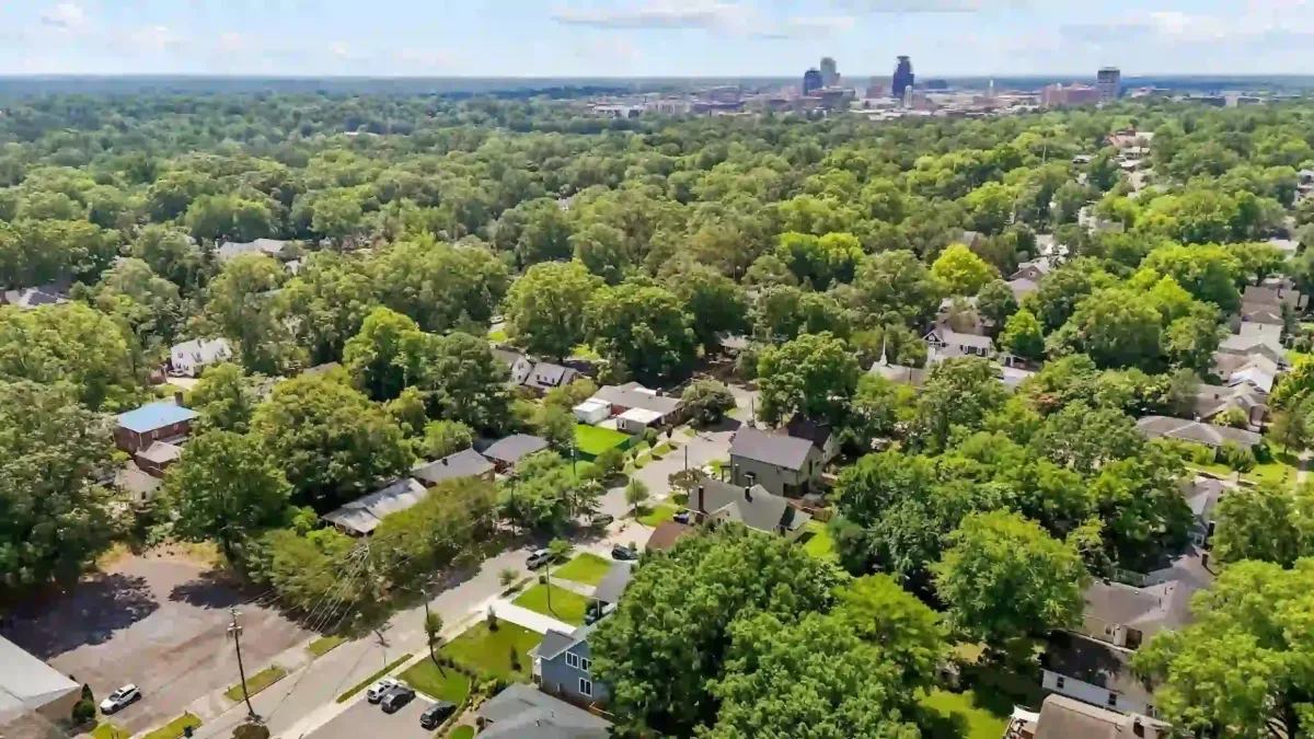 Drone Trinity Park Durham NC with views of downtown