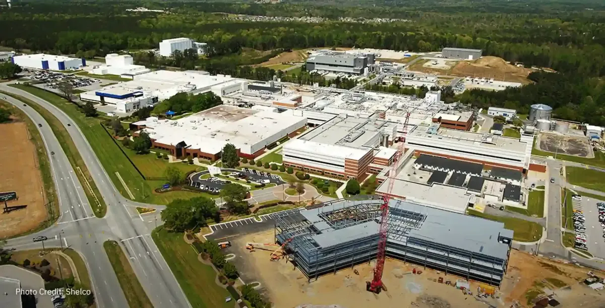 Aerial view of Grifols pharmaceutical facility expansion under construction in Clayton NC Johnston County