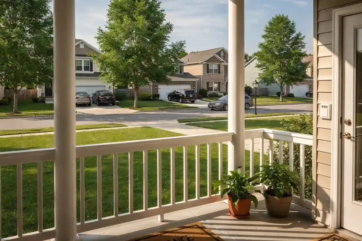 Front porch view of Clayton NC residential neighborhood street showing suburban homes and mature trees