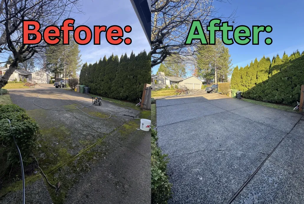 Driveway before and after pressure washing in Lake oswego oregon
