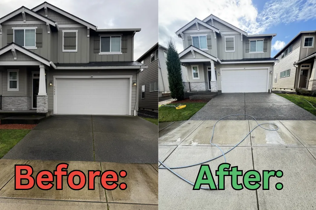 Before and after at a home in wilsonville. The before is a very dirty driveway but with our driveway cleaning company we could easily clean it.