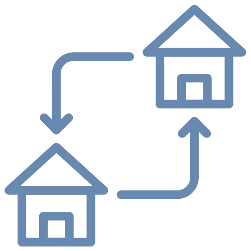 Graphic of two houses with reciprocating arrows, symbolizing senior relocation services for smooth transitions.