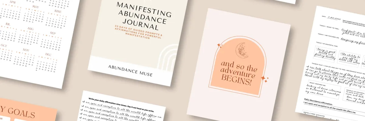 Flatlay of manifestation journals, affirmation cards, and goal-setting tools for soul-led women building businesses with clarity and intention.