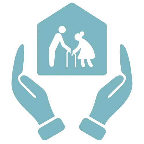 Graphic of a house with elderly individuals inside, held by two hands, symbolizing custom senior care plans and senior relocation services.
