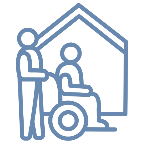 Graphic of a house with one person pushing another in a wheelchair, representing senior living guidance.