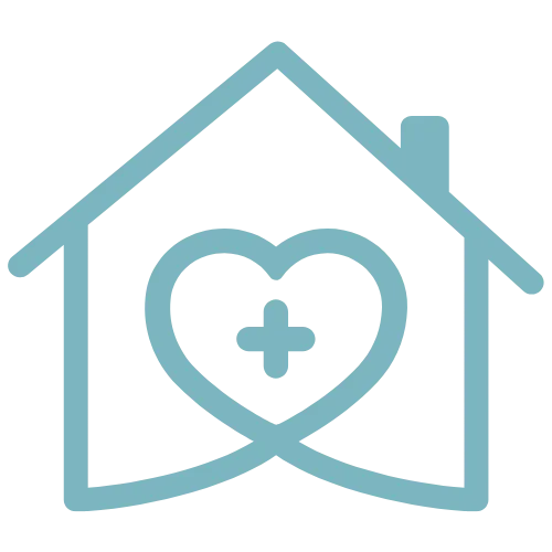 Graphic of a house with a heart and a "+" symbol, representing nursing home visits and personalized senior care support.