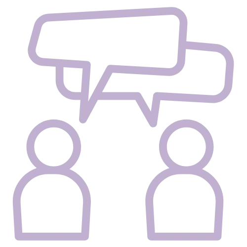 Graphic of two people with speech bubbles above them, symbolizing end-of-life conversations and support.