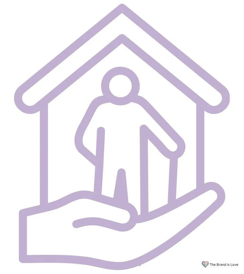 Graphic of a hand holding a house with a person using a cane inside, symbolizing tailored senior living guidance to find the right facility.