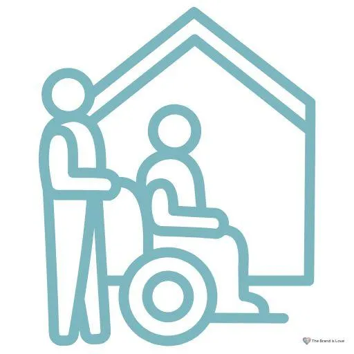 Graphic of a house in the background with a person pushing a wheelchair in the foreground, representing assisted living guidance.
