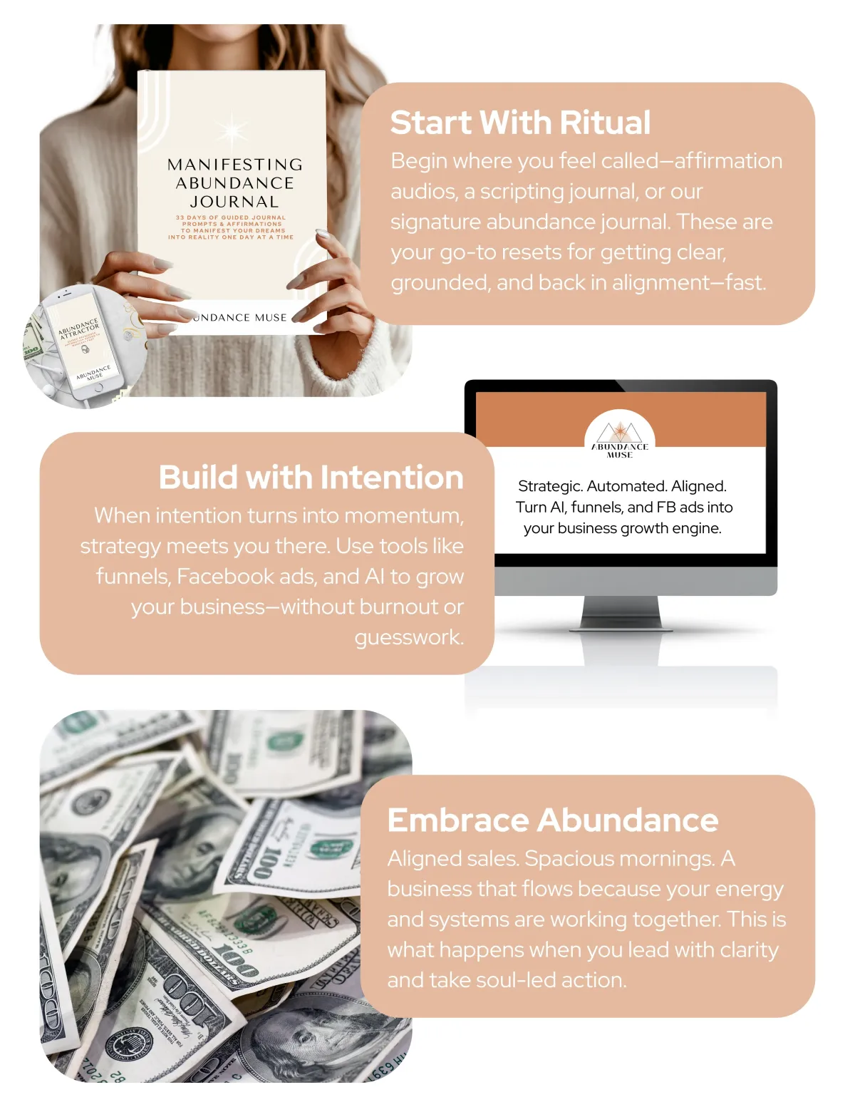 Manifestation journey infographic showing steps: start with ritual, build with intention, and embrace abundance using a law of attraction journal.