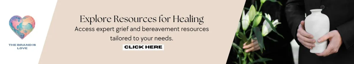 Man dressed in black holding a white urn, standing beside a woman in black holding white lilies, representing grief and bereavement resources.