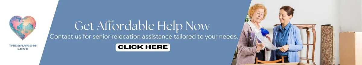 Elderly woman unpacking with an assisted living worker, emphasizing affordable senior relocation assistance for a fresh start.