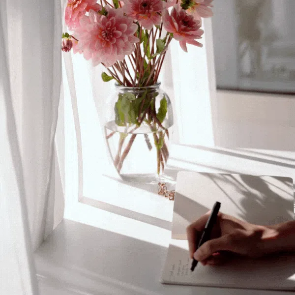 Woman writing in a scripting journal by the window with flowers — law of attraction journaling for soulful manifestation