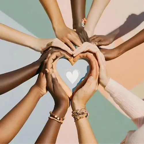 Ten hands stretched out, forming a heart shape, symbolizing unity, care, and support with elderly serices.