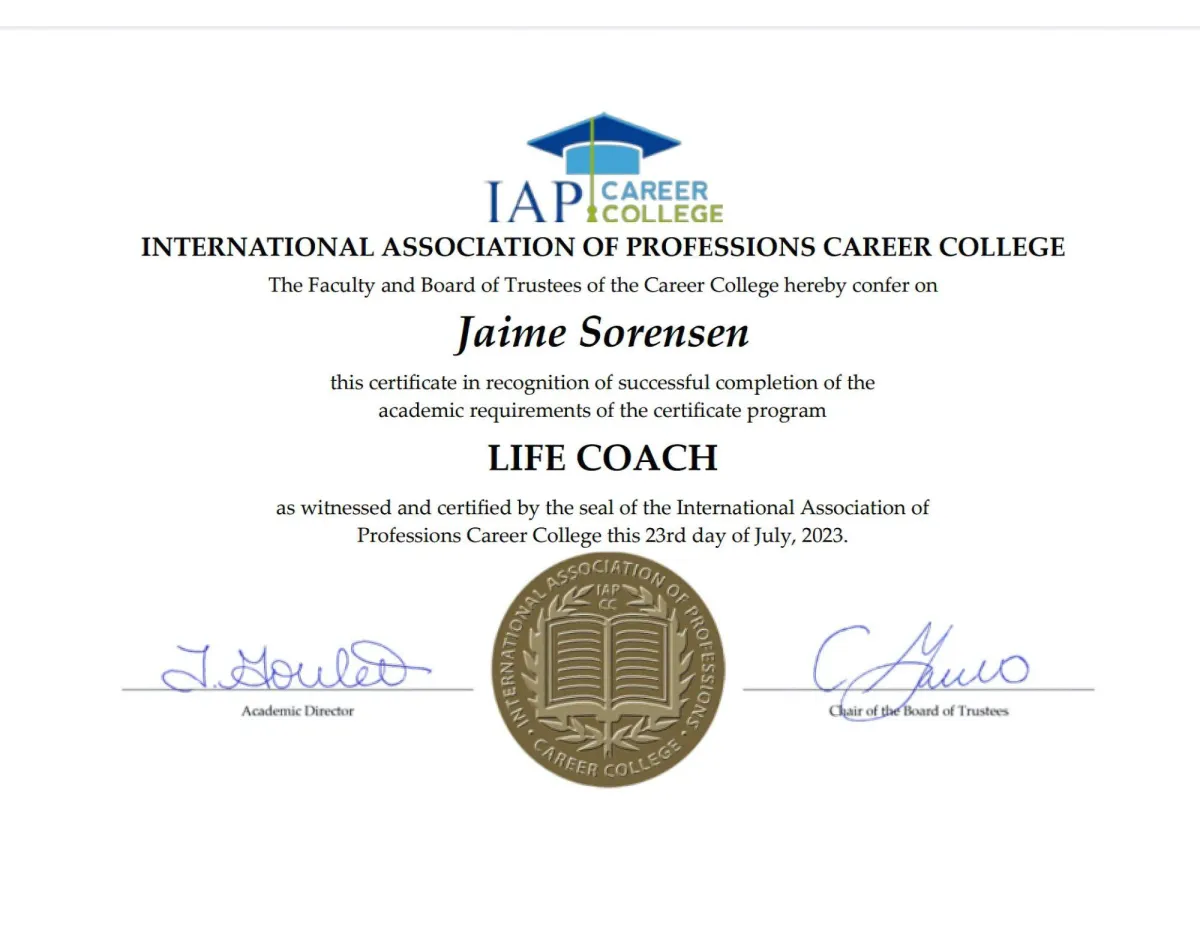 Image of Jaime Sorensen's Life Coach certificate.