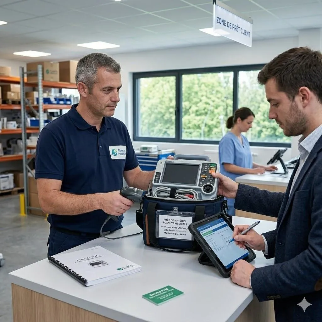 Image professionnelle montrant des techniciens en train de vérifier et maintenir des équipements médicaux modernes dans un environnement clinique en France