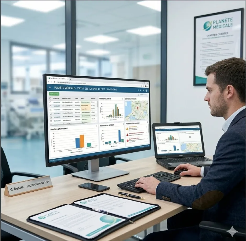 Illustration professionnelle d’équipements médicaux modernes avec services complets d’installation et de maintenance pour établissements de santé en France